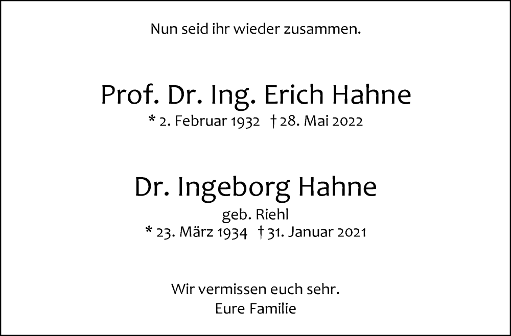  Traueranzeige für Erich und Ingeborg Hahne vom 11.06.2022 aus Leonberger Kreiszeitung / Strohgäu Extra