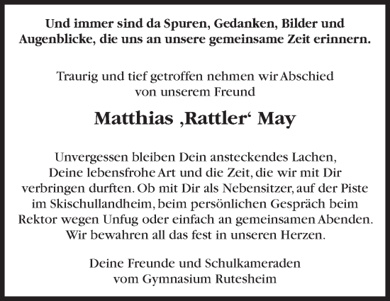Traueranzeige von Matthias May von Leonberger Kreiszeitung / Strohgäu Extra