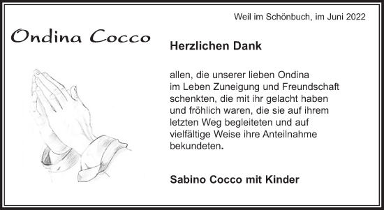 Traueranzeige von Ondina Cocco von Leonberger Kreiszeitung / Strohgäu Extra