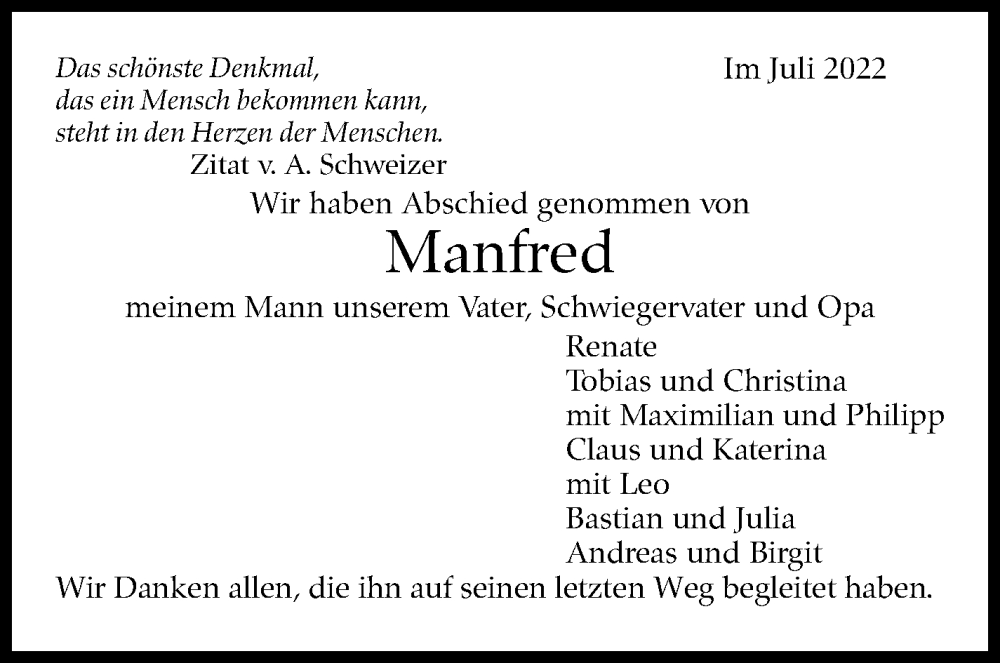  Traueranzeige für Manfred  vom 08.07.2022 aus Leonberger Kreiszeitung / Strohgäu Extra