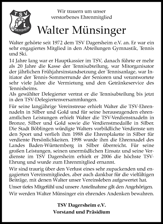 Traueranzeige von Walter Münsinger von Leonberger Kreiszeitung / Strohgäu Extra