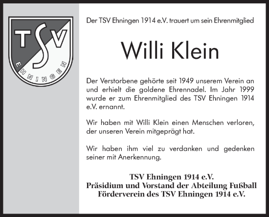 Traueranzeige von Willi Klein von Leonberger Kreiszeitung / Strohgäu Extra