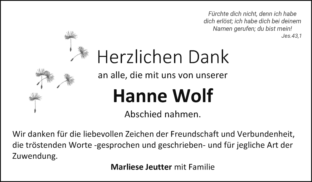  Traueranzeige für Hanne Wolf vom 10.08.2022 aus Leonberger Kreiszeitung / Strohgäu Extra