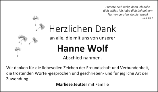 Traueranzeige von Hanne Wolf von Leonberger Kreiszeitung / Strohgäu Extra