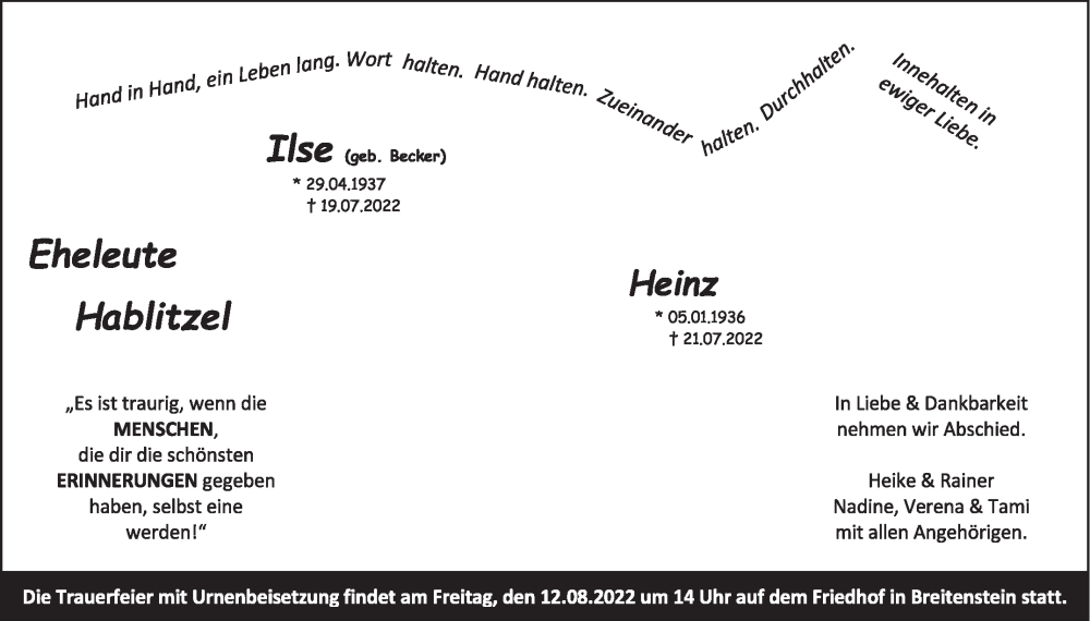  Traueranzeige für Ilse und Heinz Hablitzel vom 04.08.2022 aus Leonberger Kreiszeitung / Strohgäu Extra