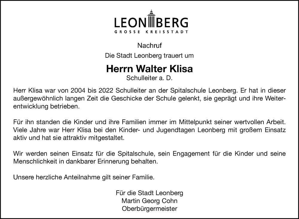  Traueranzeige für Walter Klisa vom 18.08.2022 aus Leonberger Kreiszeitung / Strohgäu Extra