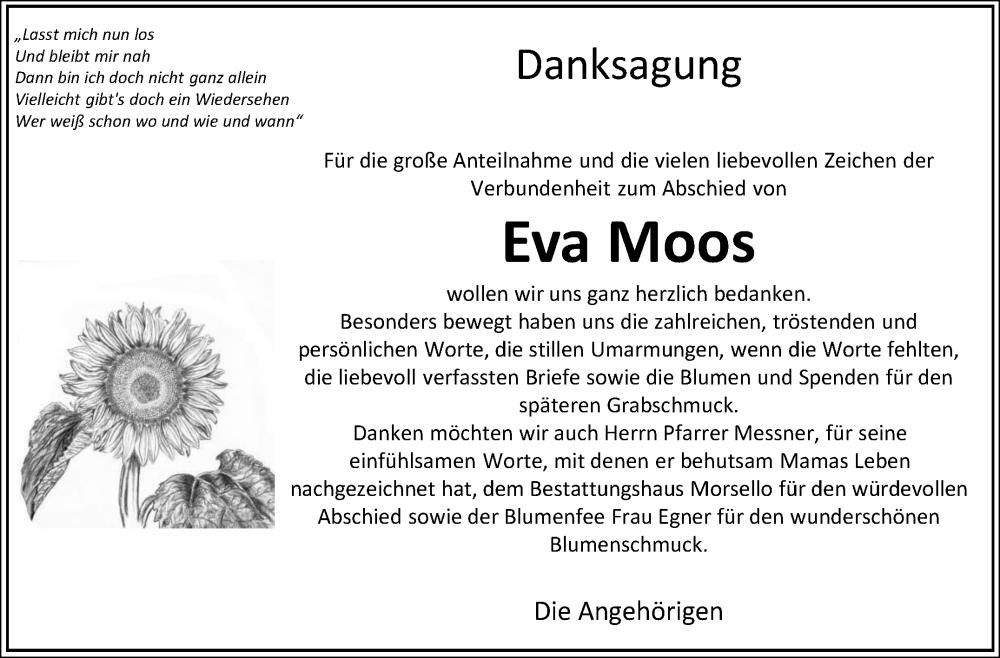  Traueranzeige für Eva Moos vom 10.09.2022 aus Leonberger Kreiszeitung / Strohgäu Extra