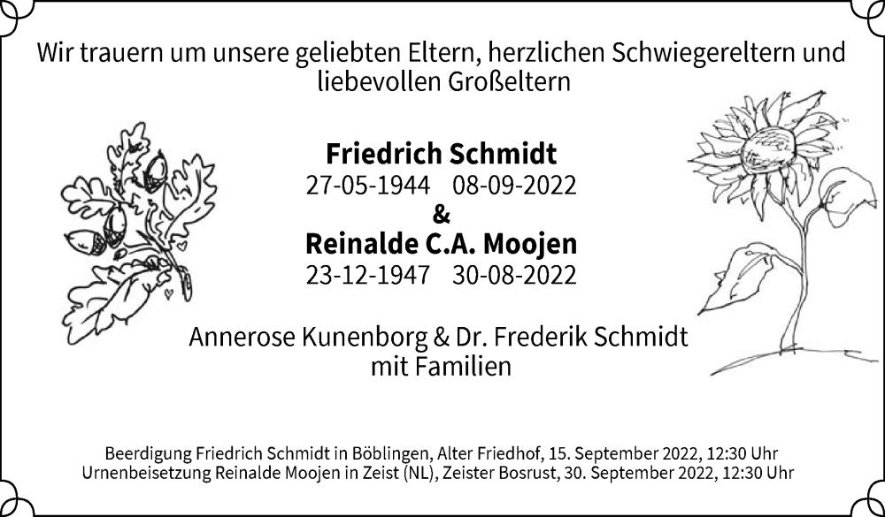  Traueranzeige für Friedrich und Reinalde  vom 14.09.2022 aus Leonberger Kreiszeitung / Strohgäu Extra