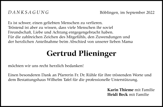 Traueranzeige von Gertrud Plieninger von Leonberger Kreiszeitung / Strohgäu Extra