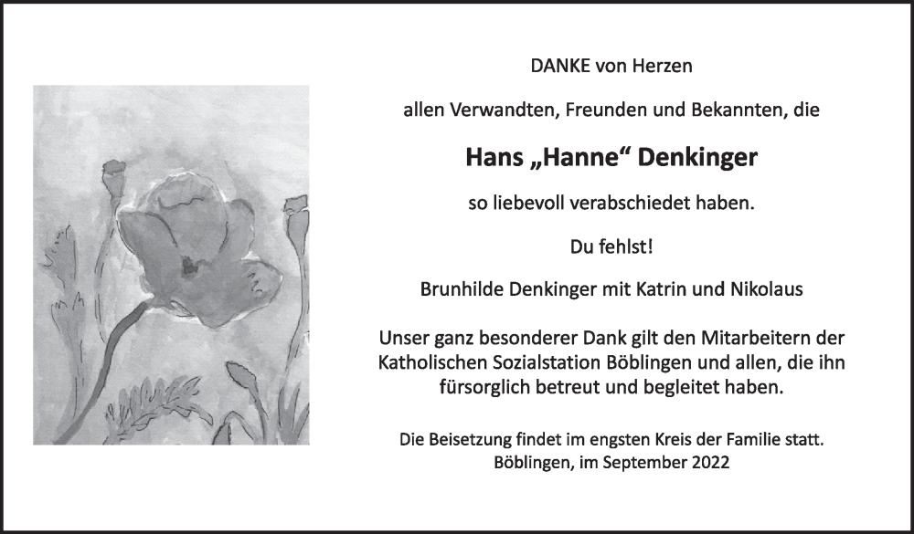  Traueranzeige für Hans Denkinger vom 24.09.2022 aus Leonberger Kreiszeitung / Strohgäu Extra