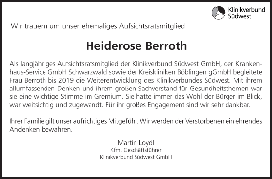 Traueranzeige von Heiderose Berroth von Leonberger Kreiszeitung / Strohgäu Extra