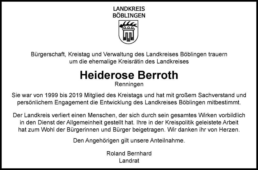  Traueranzeige für Heiderose Berroth vom 17.09.2022 aus Leonberger Kreiszeitung / Strohgäu Extra
