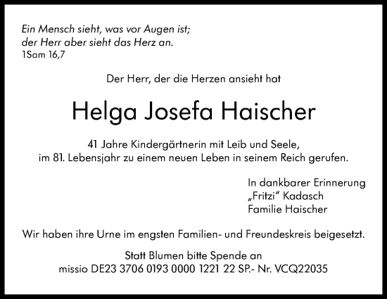 Traueranzeige von Helga Josefa Haischer von Leonberger Kreiszeitung / Strohgäu Extra