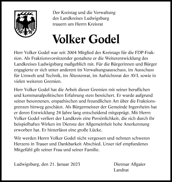 Traueranzeige von Volker Godel von Leonberger Kreiszeitung / Strohgäu Extra