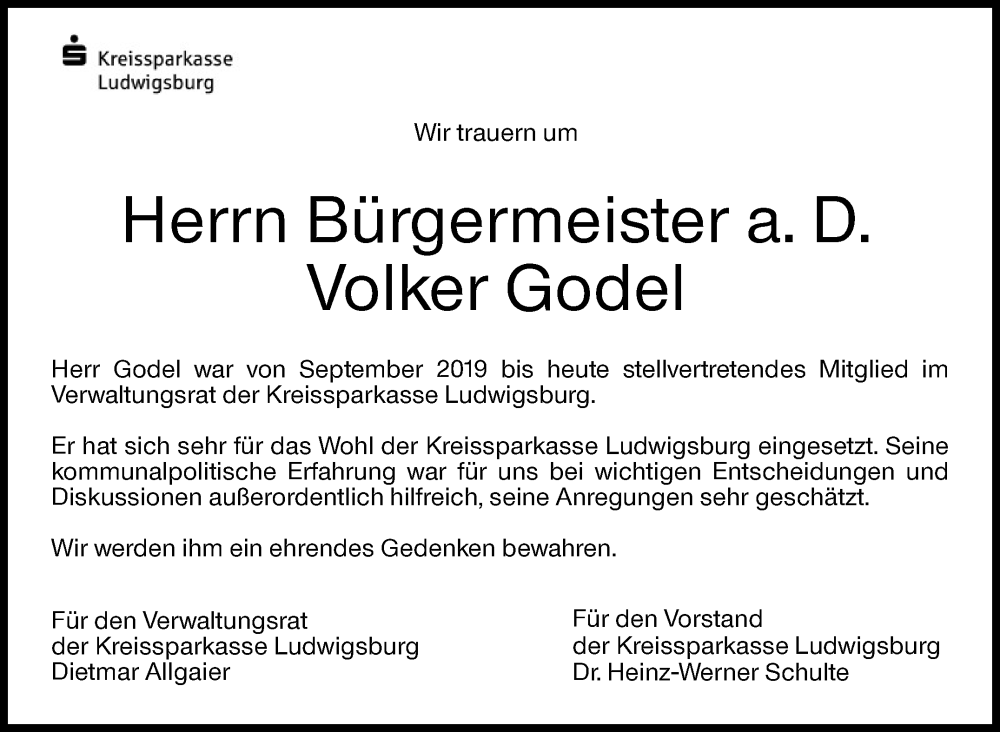  Traueranzeige für Volker Godel vom 21.01.2023 aus Leonberger Kreiszeitung / Strohgäu Extra
