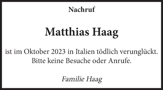 Traueranzeige von Matthias Haag von Leonberger Kreiszeitung / Strohgäu Extra