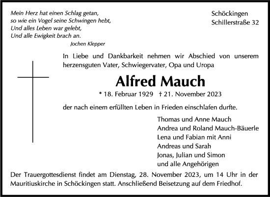 Traueranzeige von Alfred Mauch von Leonberger Kreiszeitung / Strohgäu Extra