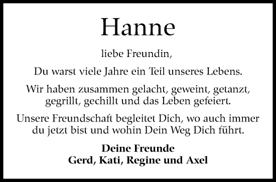 Traueranzeige von Hanne  von Leonberger Kreiszeitung / Strohgäu Extra