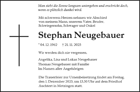 Traueranzeige von Stephan Neugebauer von Leonberger Kreiszeitung / Strohgäu Extra