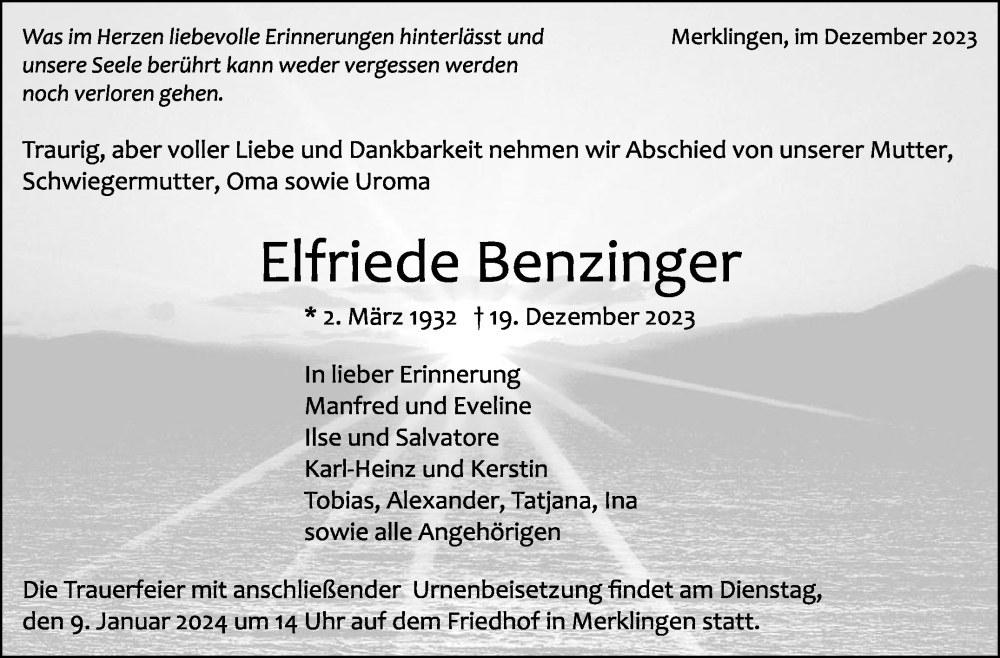  Traueranzeige für Elfriede Benzinger vom 27.12.2023 aus Leonberger Kreiszeitung / Strohgäu Extra