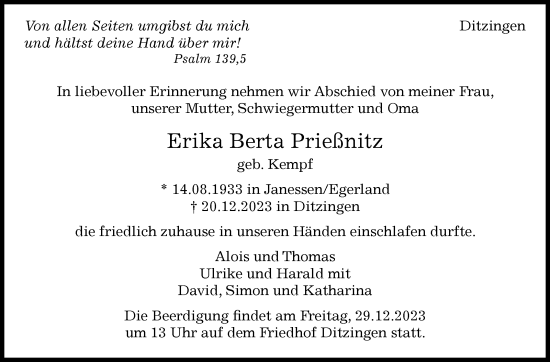 Traueranzeige von Erika Berta Prießnitz von Leonberger Kreiszeitung / Strohgäu Extra