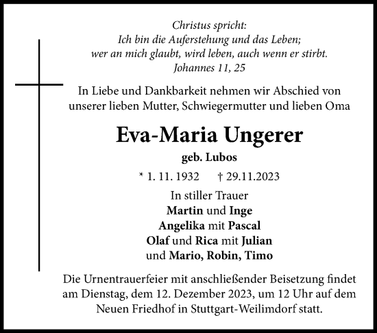 Traueranzeige von Eva-Maria Unge von Leonberger Kreiszeitung / Strohgäu Extra