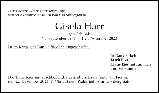 Traueranzeige von Gisela Harr von Leonberger Kreiszeitung / Strohgäu Extra