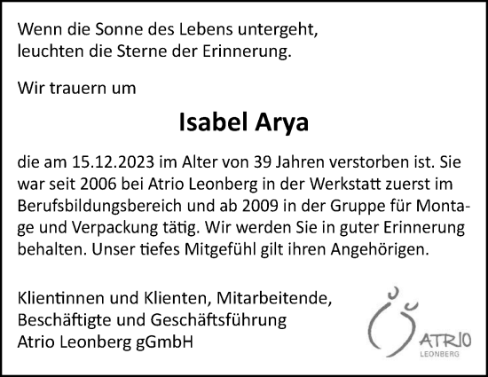 Traueranzeige von Isabel Arya von Leonberger Kreiszeitung / Strohgäu Extra