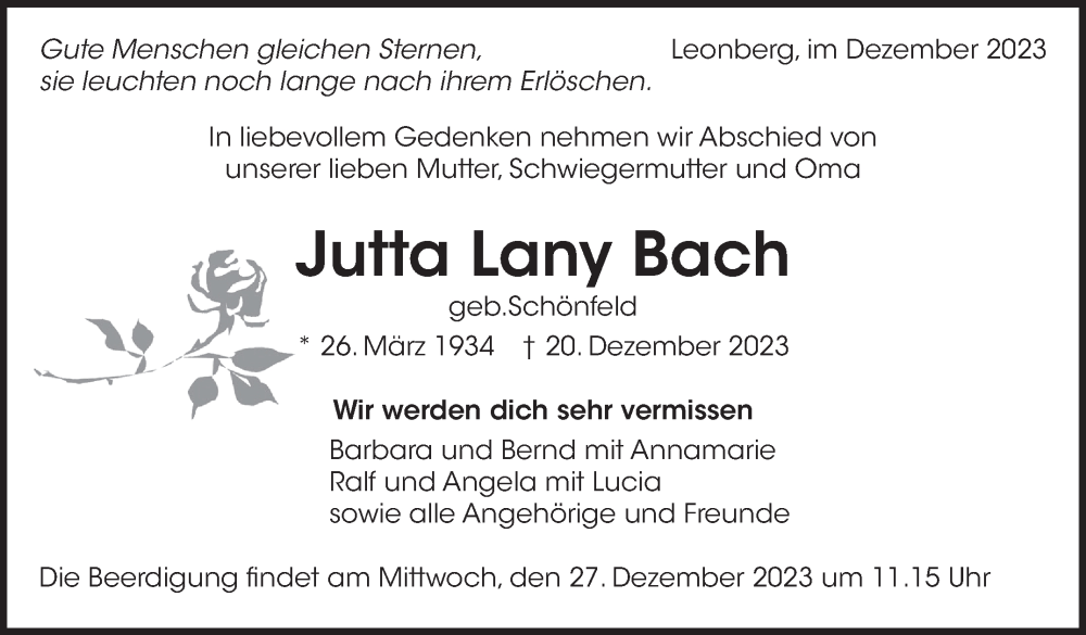  Traueranzeige für Jutta Lany Bach vom 23.12.2023 aus Leonberger Kreiszeitung / Strohgäu Extra
