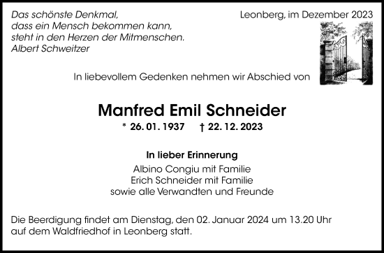 Traueranzeige von Manfred Emil Schneider von Leonberger Kreiszeitung / Strohgäu Extra