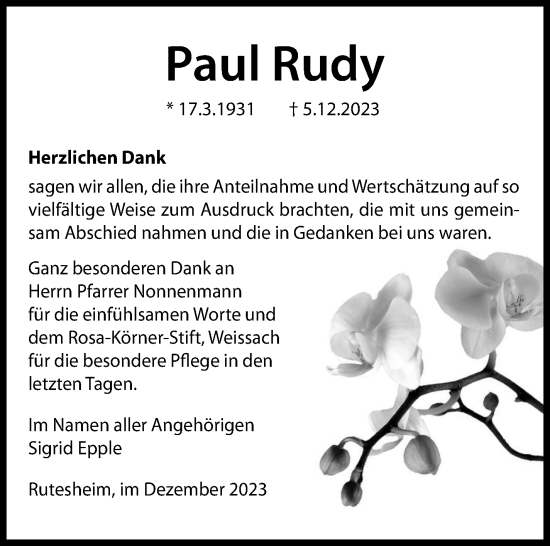 Traueranzeige von Paul Rudy von Leonberger Kreiszeitung / Strohgäu Extra