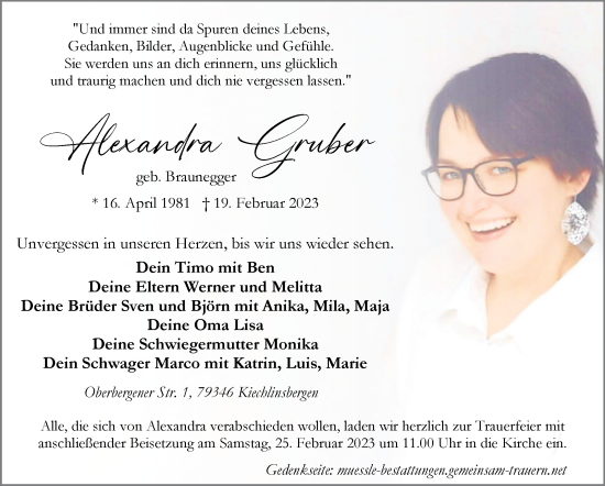 Traueranzeige von Alexandra Gruber von Leonberger Kreiszeitung / Strohgäu Extra
