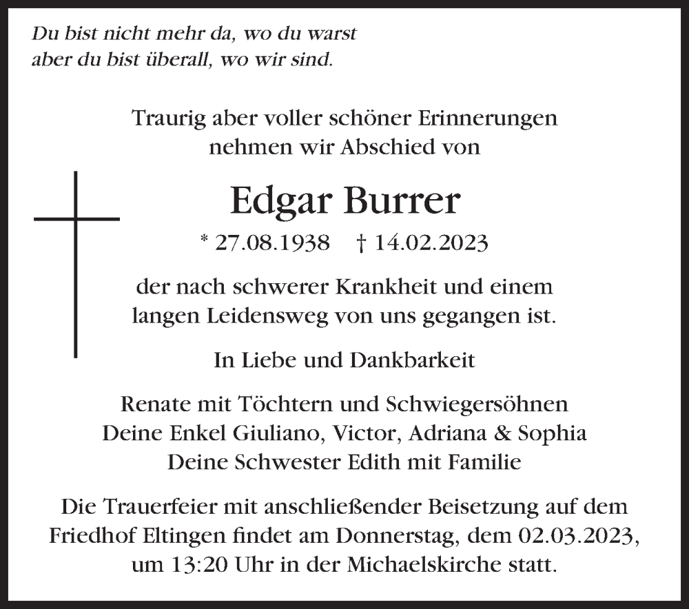  Traueranzeige für Edgar Burrer vom 25.02.2023 aus Leonberger Kreiszeitung / Strohgäu Extra