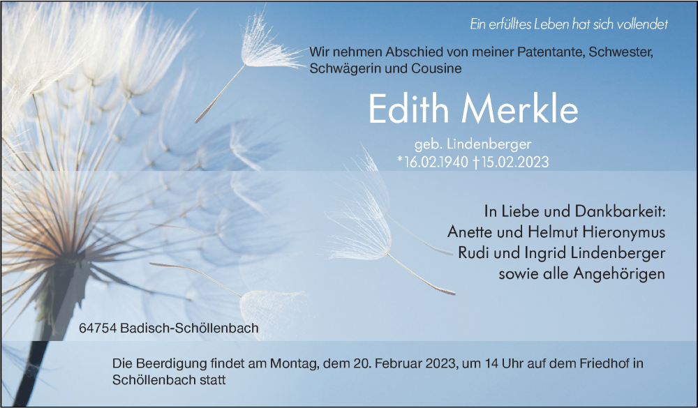  Traueranzeige für Edith Merkle vom 18.02.2023 aus Leonberger Kreiszeitung / Strohgäu Extra