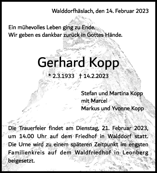 Traueranzeige von Gerhard Kopp von Leonberger Kreiszeitung / Strohgäu Extra