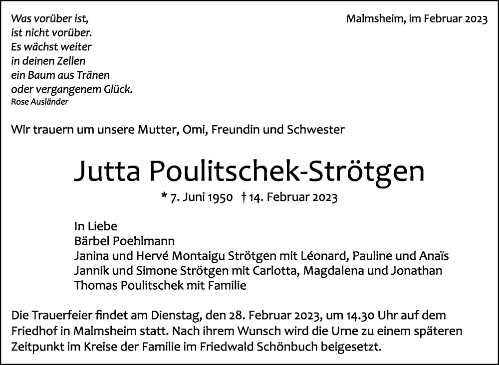  Traueranzeige für Jutta Poulitschek-Strötgen vom 17.02.2023 aus Leonberger Kreiszeitung / Strohgäu Extra
