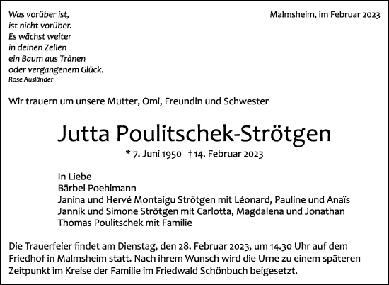 Traueranzeige von Jutta Poulitschek-Strötgen von Leonberger Kreiszeitung / Strohgäu Extra