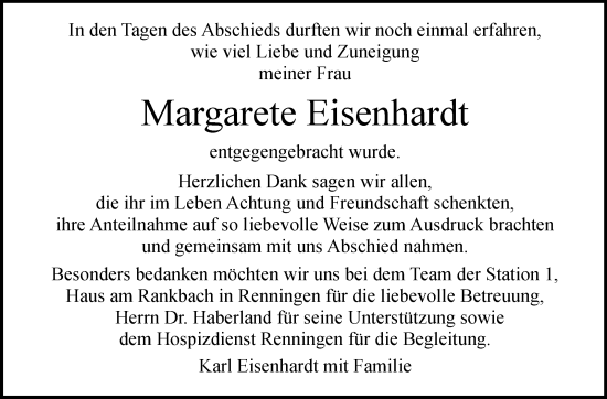 Traueranzeige von Margarete Eisenhardt von Leonberger Kreiszeitung / Strohgäu Extra
