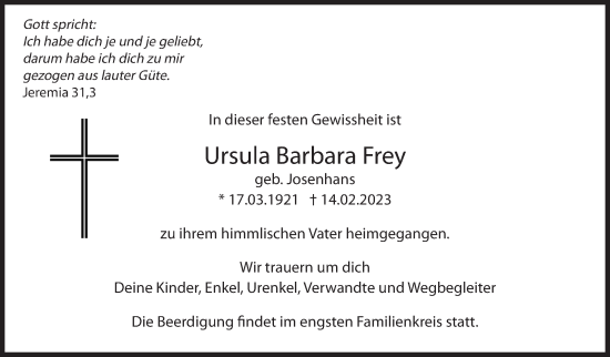 Traueranzeige von Ursula Barbara Frey von Leonberger Kreiszeitung / Strohgäu Extra