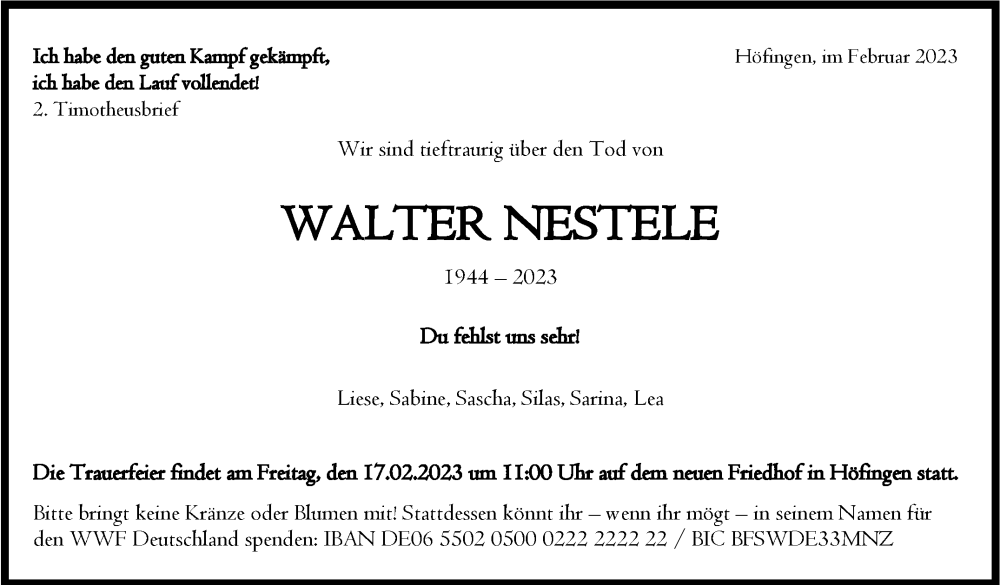  Traueranzeige für Walter Nestele vom 11.02.2023 aus Leonberger Kreiszeitung / Strohgäu Extra