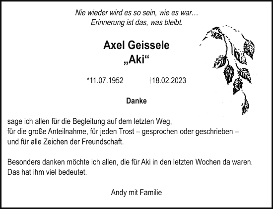 Traueranzeige von Axel Geissele von Leonberger Kreiszeitung / Strohgäu Extra