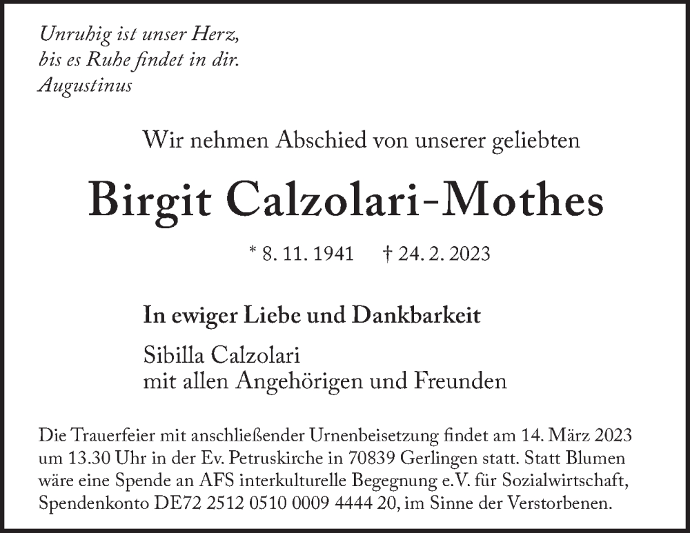  Traueranzeige für Birgit Calzolari-Mothes vom 10.03.2023 aus Leonberger Kreiszeitung / Strohgäu Extra