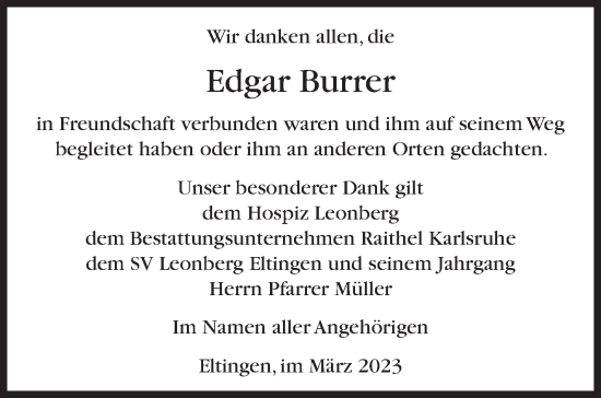 Traueranzeige von Edgar Burrer von Leonberger Kreiszeitung / Strohgäu Extra