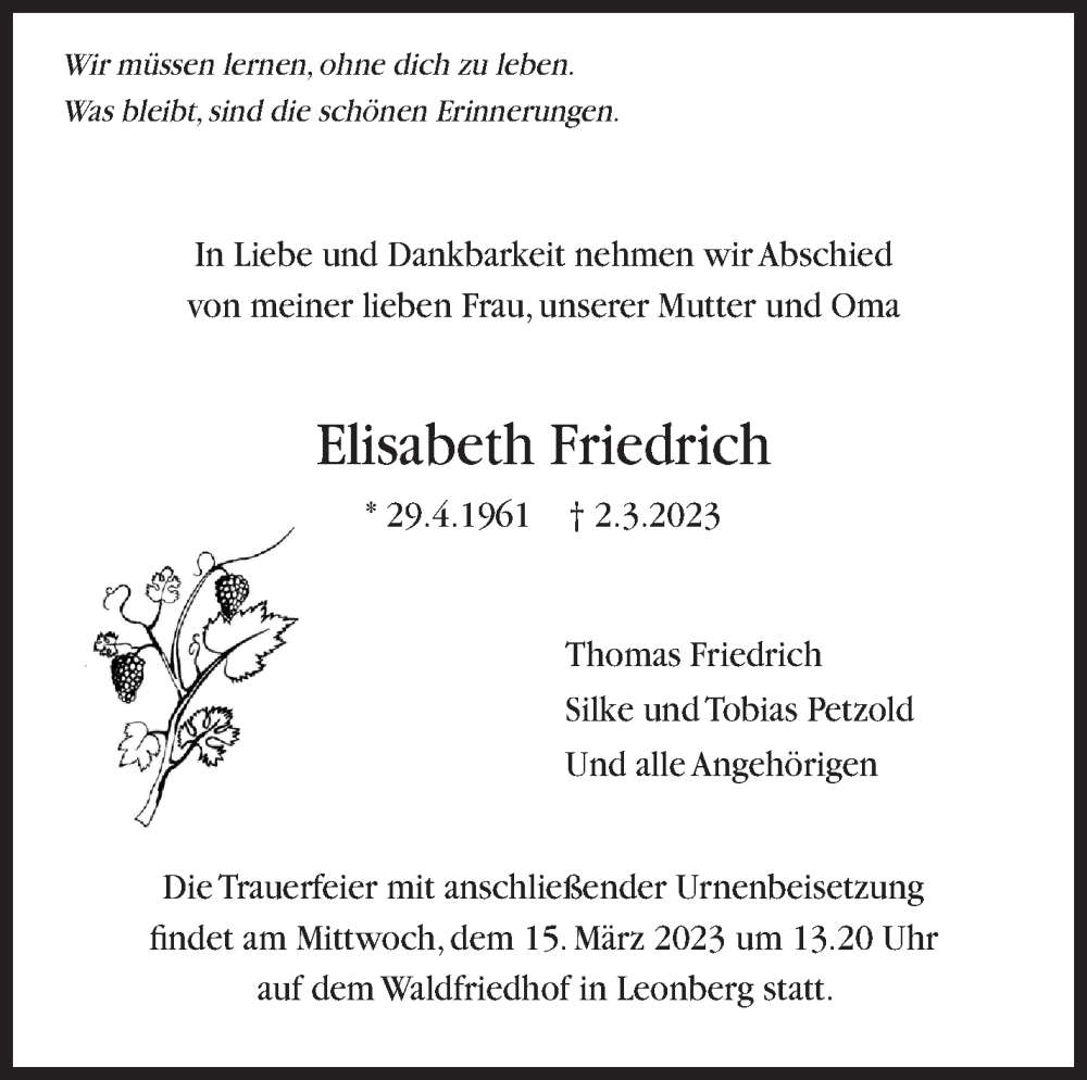  Traueranzeige für Elisabeth Friedrich vom 10.03.2023 aus Leonberger Kreiszeitung / Strohgäu Extra