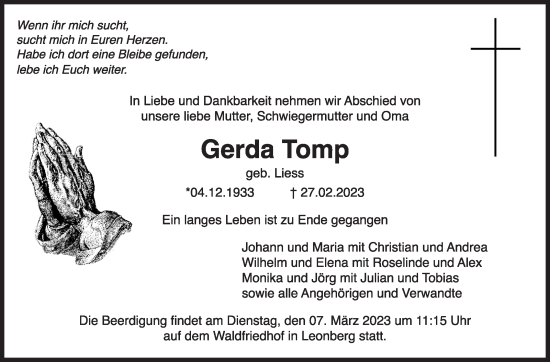 Traueranzeige von Gerda Tomp von Leonberger Kreiszeitung / Strohgäu Extra