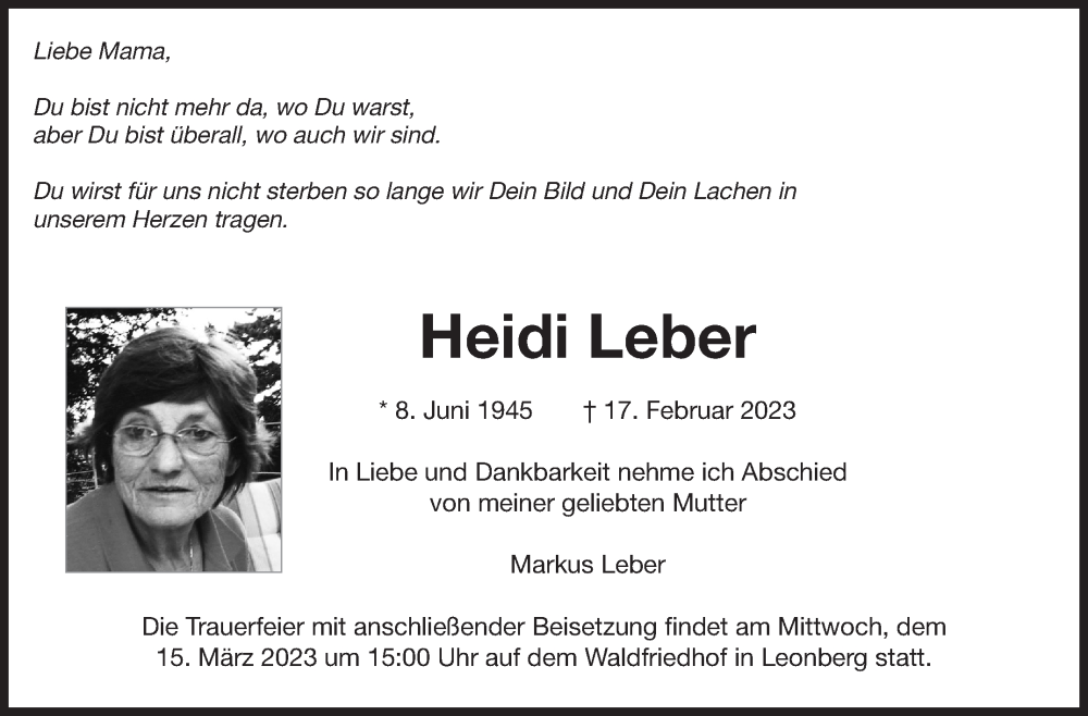  Traueranzeige für Heidi Leber vom 04.03.2023 aus Leonberger Kreiszeitung / Strohgäu Extra