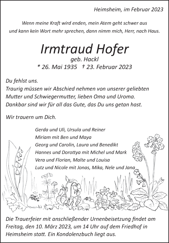 Traueranzeige von Irmtraud Hofer von Leonberger Kreiszeitung / Strohgäu Extra