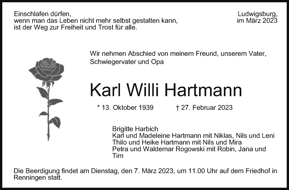  Traueranzeige für Karl  Hartmann vom 03.03.2023 aus Leonberger Kreiszeitung / Strohgäu Extra