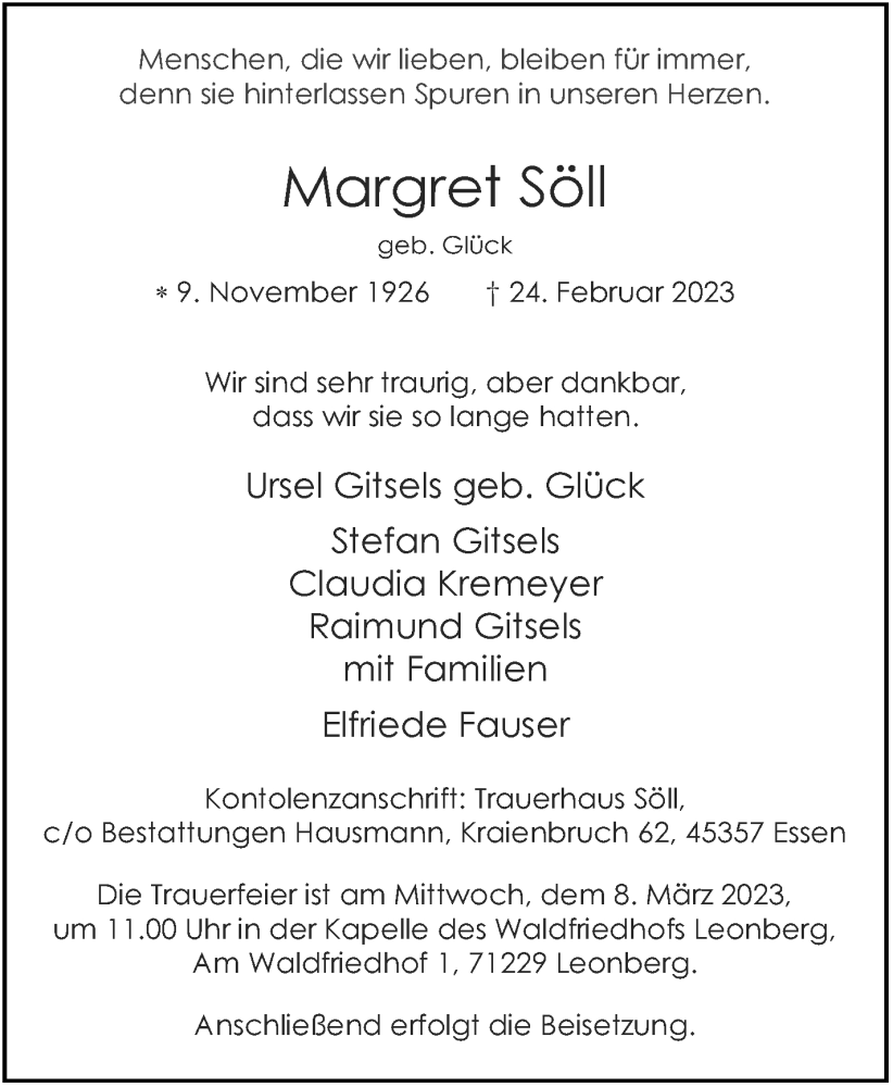  Traueranzeige für Margret Söll vom 04.03.2023 aus Leonberger Kreiszeitung / Strohgäu Extra