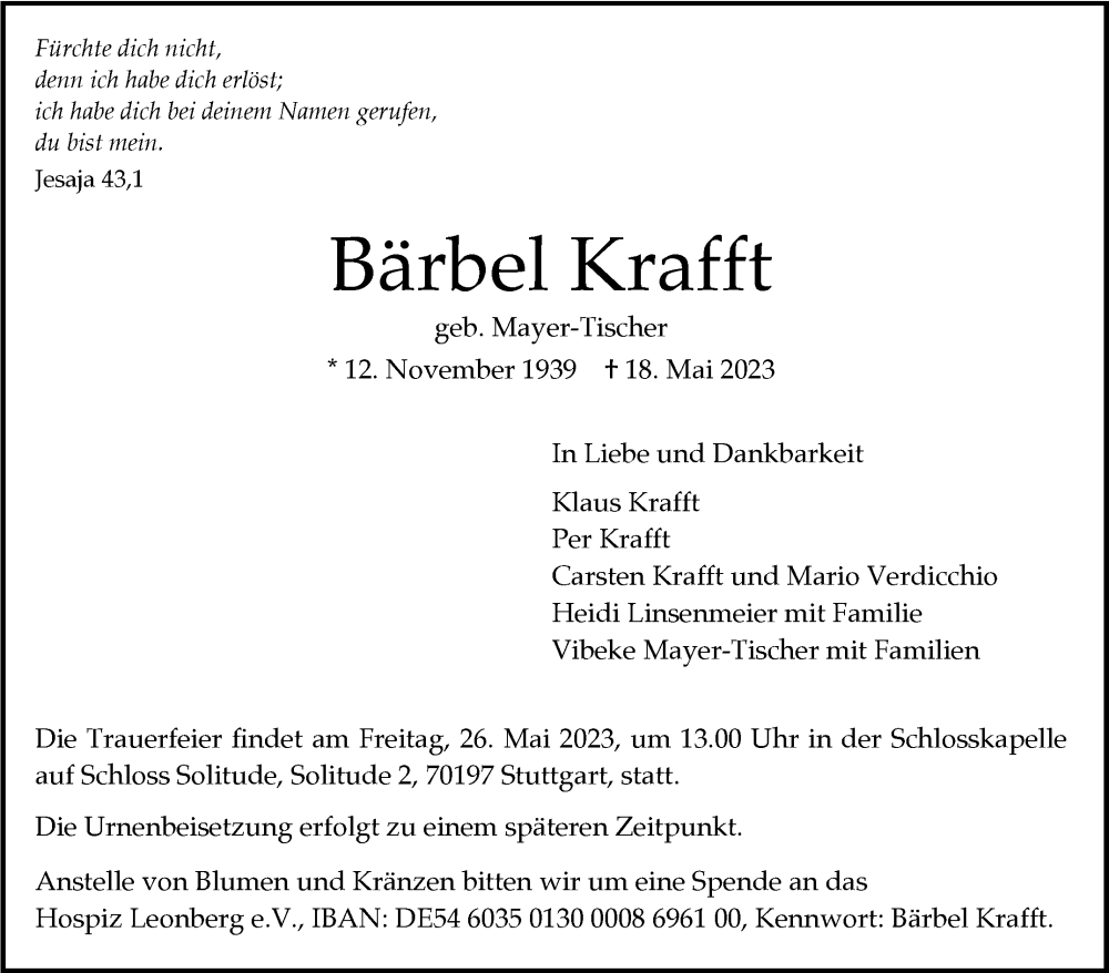  Traueranzeige für Bärbel Krafft vom 24.05.2023 aus Leonberger Kreiszeitung / Strohgäu Extra